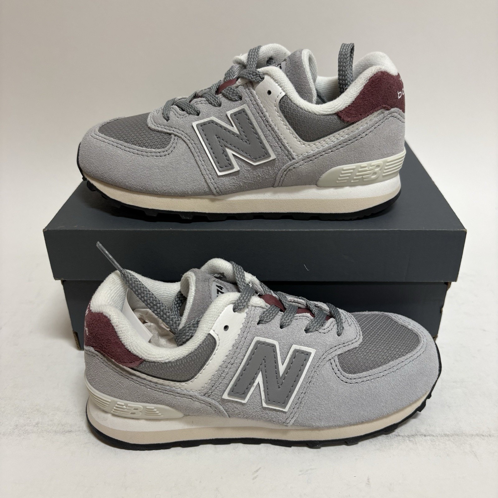 New Balance 574 V2 Kids Size 12 Grey & Burgundy Suede Mesh Lace Up Sneakers